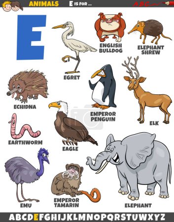 Téléchargez les illustrations : Illustration de bande dessinée de caractères animaux pour la lettre E - en licence libre de droit