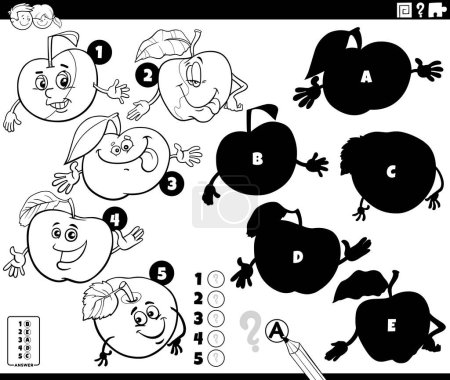 Illustration for Black and white cartoon illustration of finding the right shadows to the pictures educational game with comic apple characters coloring page - Royalty Free Image