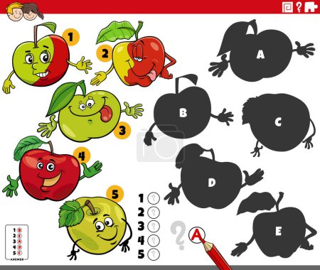 Illustration for Cartoon illustration of finding the right shadows to the pictures educational game with comic apple characters - Royalty Free Image