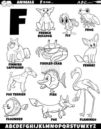 Téléchargez les illustrations : Illustration de bande dessinée de caractères animaux pour la lettre F coloriage - en licence libre de droit