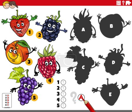 Illustration for Cartoon illustration of finding the right shadows to the pictures educational game with comic fruit characters - Royalty Free Image