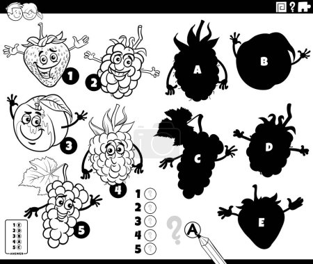 Illustration for Black and white cartoon illustration of finding the right shadows to the pictures educational game with comic fruit characters coloring page - Royalty Free Image