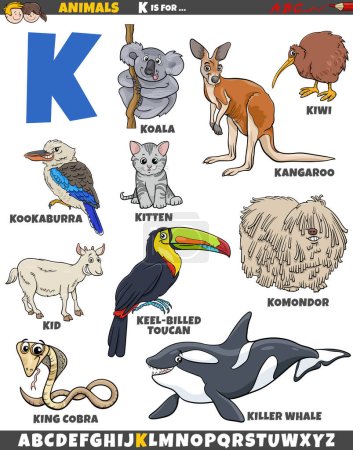 Téléchargez les illustrations : Illustration de bande dessinée de caractères animaux pour la lettre K - en licence libre de droit