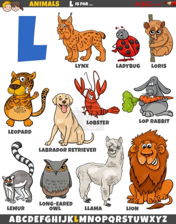 Téléchargez les illustrations : Illustration de bande dessinée de caractères animaux pour la lettre L - en licence libre de droit