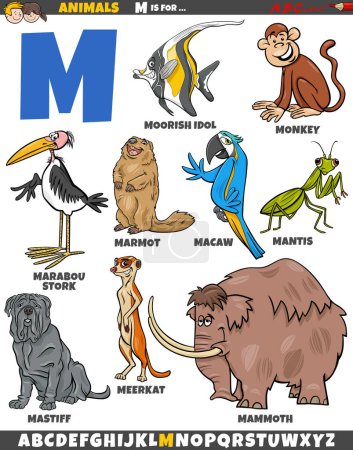 Téléchargez les illustrations : Illustration de bande dessinée de caractères animaux pour la lettre M - en licence libre de droit