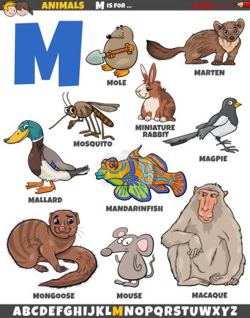 Téléchargez les illustrations : Illustration de bande dessinée de caractères animaux pour la lettre M - en licence libre de droit