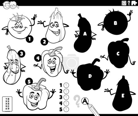 Illustration for Black and white cartoon illustration of finding the right shadows to the pictures educational game with comic fruit and vegetable characters coloring page - Royalty Free Image