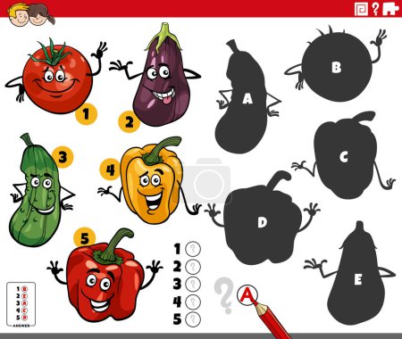 Illustration for Cartoon illustration of finding the right shadows to the pictures educational game with comic fruit and vegetable characters - Royalty Free Image