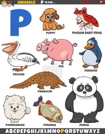 Téléchargez les illustrations : Illustration de bande dessinée de caractères animaux pour la lettre P - en licence libre de droit