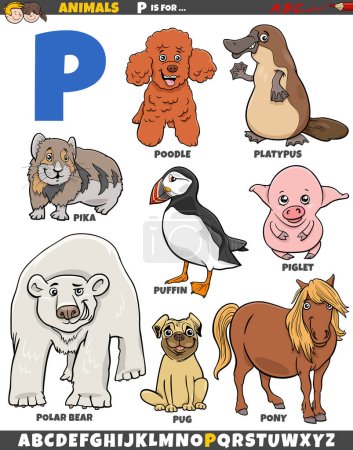 Téléchargez les illustrations : Illustration de bande dessinée de caractères animaux pour la lettre P - en licence libre de droit