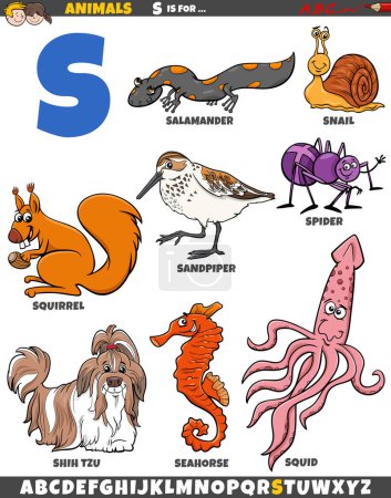 Téléchargez les illustrations : Illustration de bande dessinée de caractères animaux pour la lettre S - en licence libre de droit