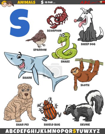 Téléchargez les illustrations : Illustration de bande dessinée de caractères animaux pour la lettre S - en licence libre de droit