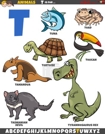 Téléchargez les illustrations : Illustration de bande dessinée de caractères animaux pour la lettre T - en licence libre de droit