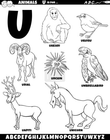 Cartoon illustration of animal characters set for letter U coloring page