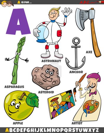 Téléchargez les illustrations : Illustration de dessins animés d'objets et de caractères pour la lettre A - en licence libre de droit
