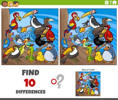 Ilustración de Dibujos animados ilustración de la búsqueda de las diferencias entre las imágenes de la actividad educativa con las aves grupo de personajes animales - Imagen libre de derechos