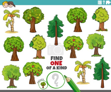 Illustration for Cartoon illustration of find one of a kind picture educational activity with trees - Royalty Free Image
