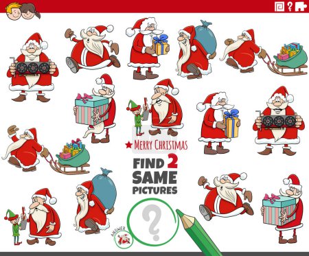 Illustration for Cartoon illustration of finding two same pictures educational activity with Santa Claus characters - Royalty Free Image