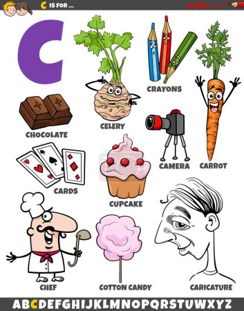 Téléchargez les illustrations : Illustration de dessins animés d'objets et de caractères pour la lettre C - en licence libre de droit