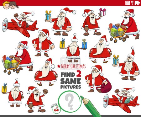 Cartoon illustration of finding two same pictures educational game with Santa Claus characters