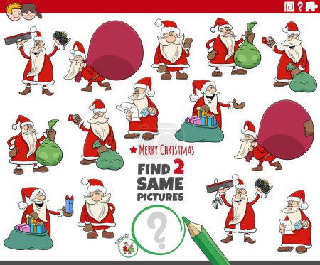 Illustration for Cartoon illustration of finding two same pictures educational game with Santa Claus characters - Royalty Free Image