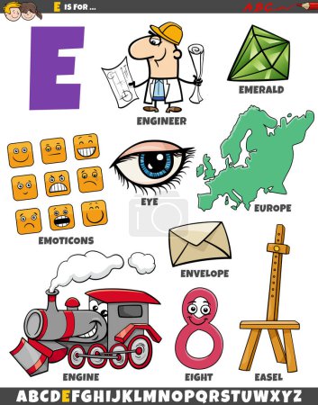Téléchargez les illustrations : Illustration de dessins animés d'objets et de caractères pour la lettre E - en licence libre de droit