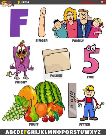 Illustration for Cartoon illustration of objects and characters set for letter F - Royalty Free Image