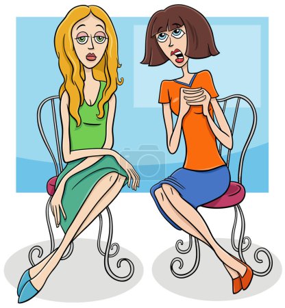 Illustration for Cartoon illustration of one woman gossiping to another bored woman - Royalty Free Image
