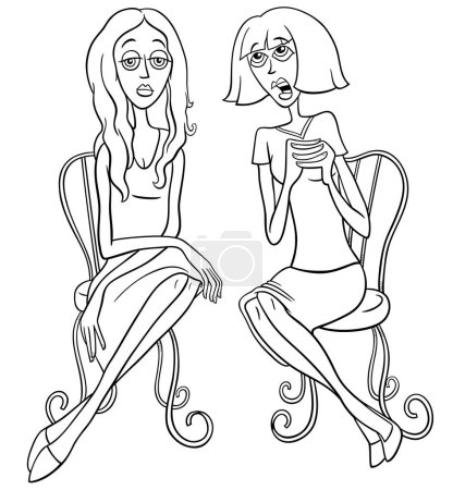 Illustration for Cartoon illustration of one woman gossiping to another bored woman coloring page - Royalty Free Image
