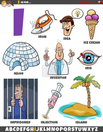 Téléchargez les illustrations : Illustration de dessins animés d'objets et de personnages pour la lettre I - en licence libre de droit