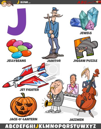 Téléchargez les illustrations : Illustration de dessins animés d'objets et de caractères pour la lettre J - en licence libre de droit