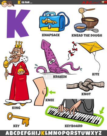 Téléchargez les illustrations : Illustration de dessins animés d'objets et de caractères pour la lettre K - en licence libre de droit