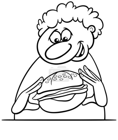 Ilustración de Dibujos animados ilustración de un hombre comiendo una hamburguesa de queso para colorear página - Imagen libre de derechos