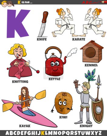 Téléchargez les illustrations : Illustration de dessins animés d'objets et de caractères pour la lettre K - en licence libre de droit
