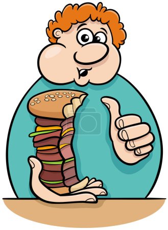 Illustration for Cartoon illustration of a man eating a big cheeseburger or hamburger - Royalty Free Image