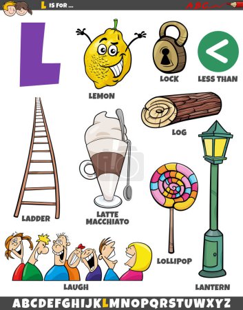 Illustration for Cartoon illustration of objects and characters set for letter L - Royalty Free Image