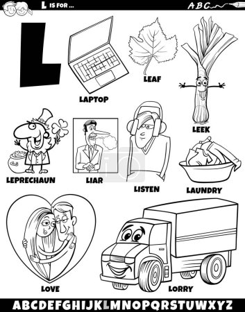 Illustration for Cartoon illustration of objects and characters set for letter L coloring page - Royalty Free Image
