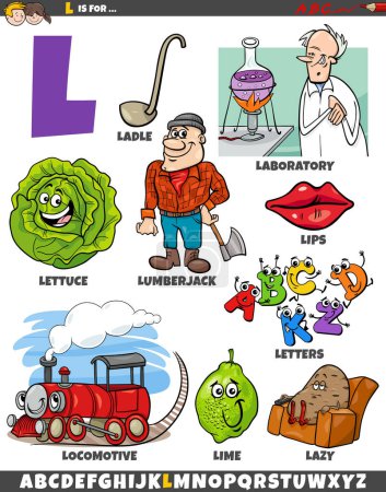 Téléchargez les illustrations : Illustration de dessins animés d'objets et de caractères pour la lettre L - en licence libre de droit