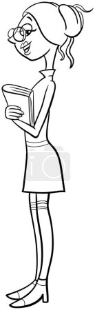 Illustration for Cartoon illustration of funny young woman or girl comic character with a book coloring page - Royalty Free Image