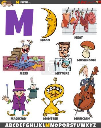 Illustration for Cartoon illustration of objects and characters set for letter M - Royalty Free Image