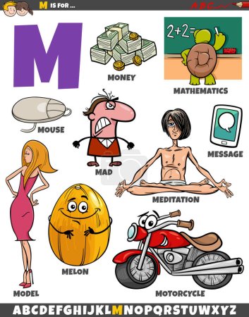 Téléchargez les illustrations : Illustration de dessins animés d'objets et de caractères pour la lettre M - en licence libre de droit