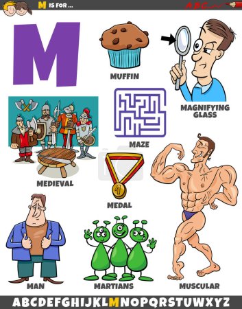 Illustration for Cartoon illustration of objects and characters set for letter M - Royalty Free Image