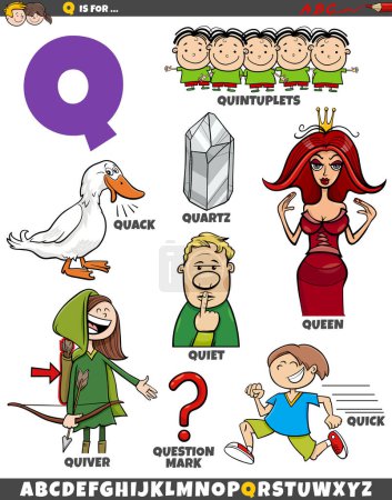 Illustration for Cartoon illustration of objects and characters set for letter Q - Royalty Free Image