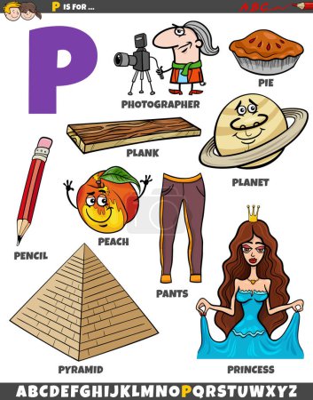 Illustration for Cartoon illustration of objects and characters set for letter P - Royalty Free Image