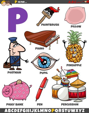 Téléchargez les illustrations : Illustration de dessins animés d'objets et de caractères pour la lettre P - en licence libre de droit