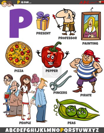 Illustration for Cartoon illustration of objects and characters set for letter P - Royalty Free Image