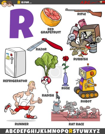 Téléchargez les illustrations : Illustration de dessins animés d'objets et de caractères pour la lettre R - en licence libre de droit