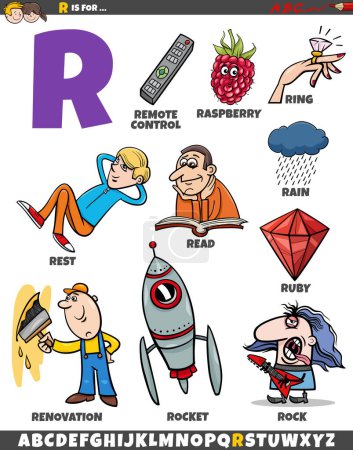 Illustration for Cartoon illustration of objects and characters set for letter R - Royalty Free Image