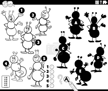 ilustración de dibujos animados de encontrar las sombras adecuadas a las imágenes actividad educativa con hormigas insectos personajes animales para colorear página