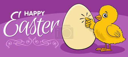 Cartoon illustration of Easter Chick knocking on an egg greeting card design